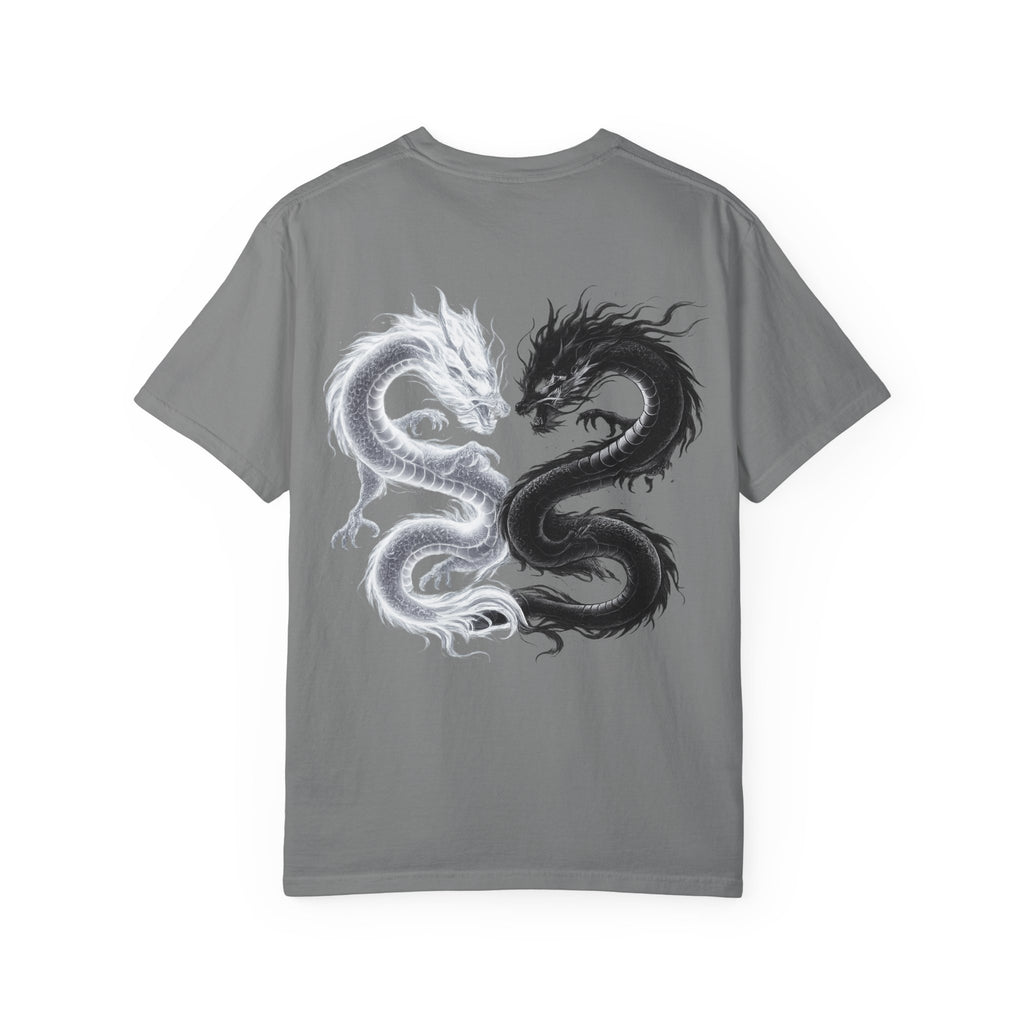 Yin Yang Dragons T-Shirt — White & Black Dragon Back Graphic