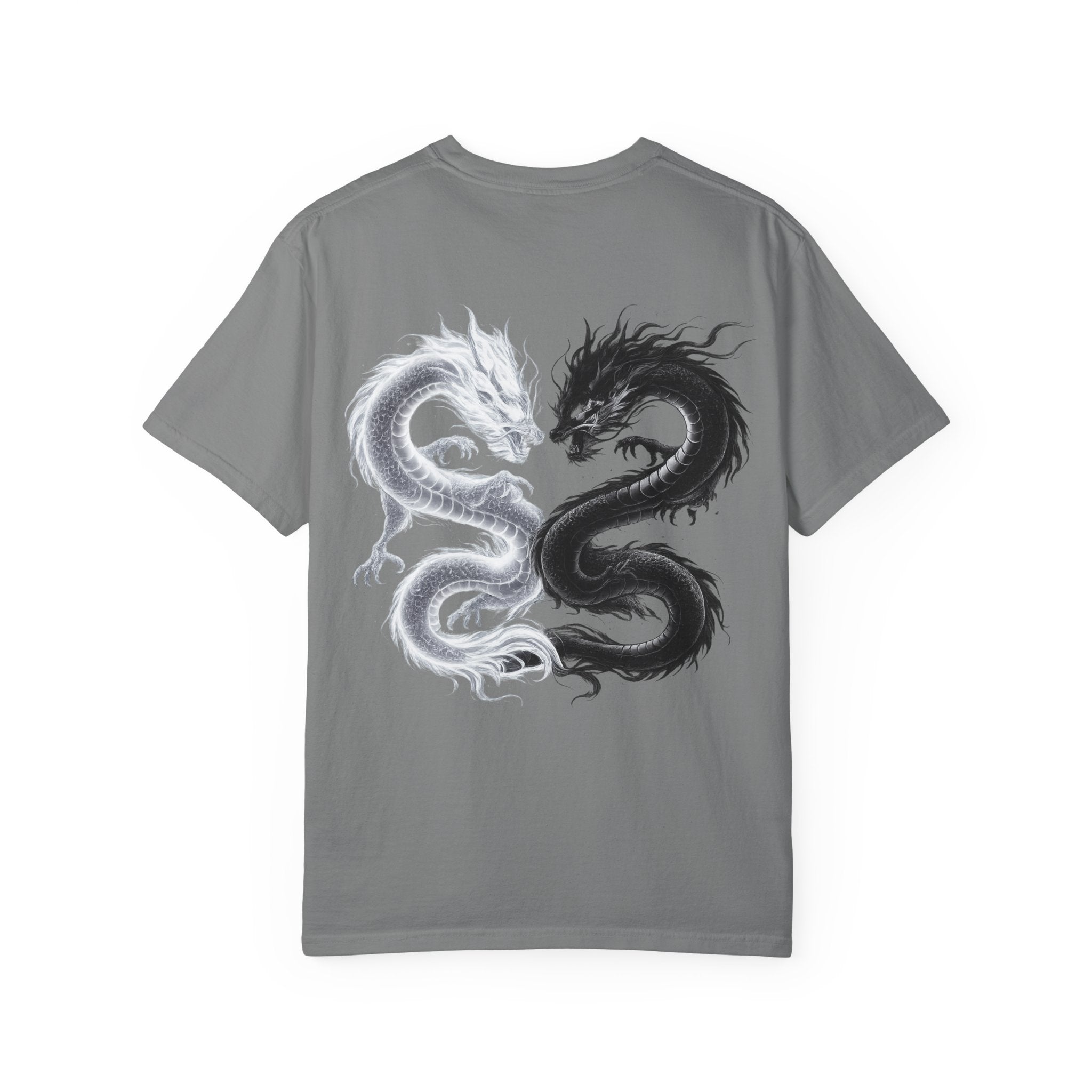 Yin Yang Dragons T-Shirt — White & Black Dragon Back Graphic