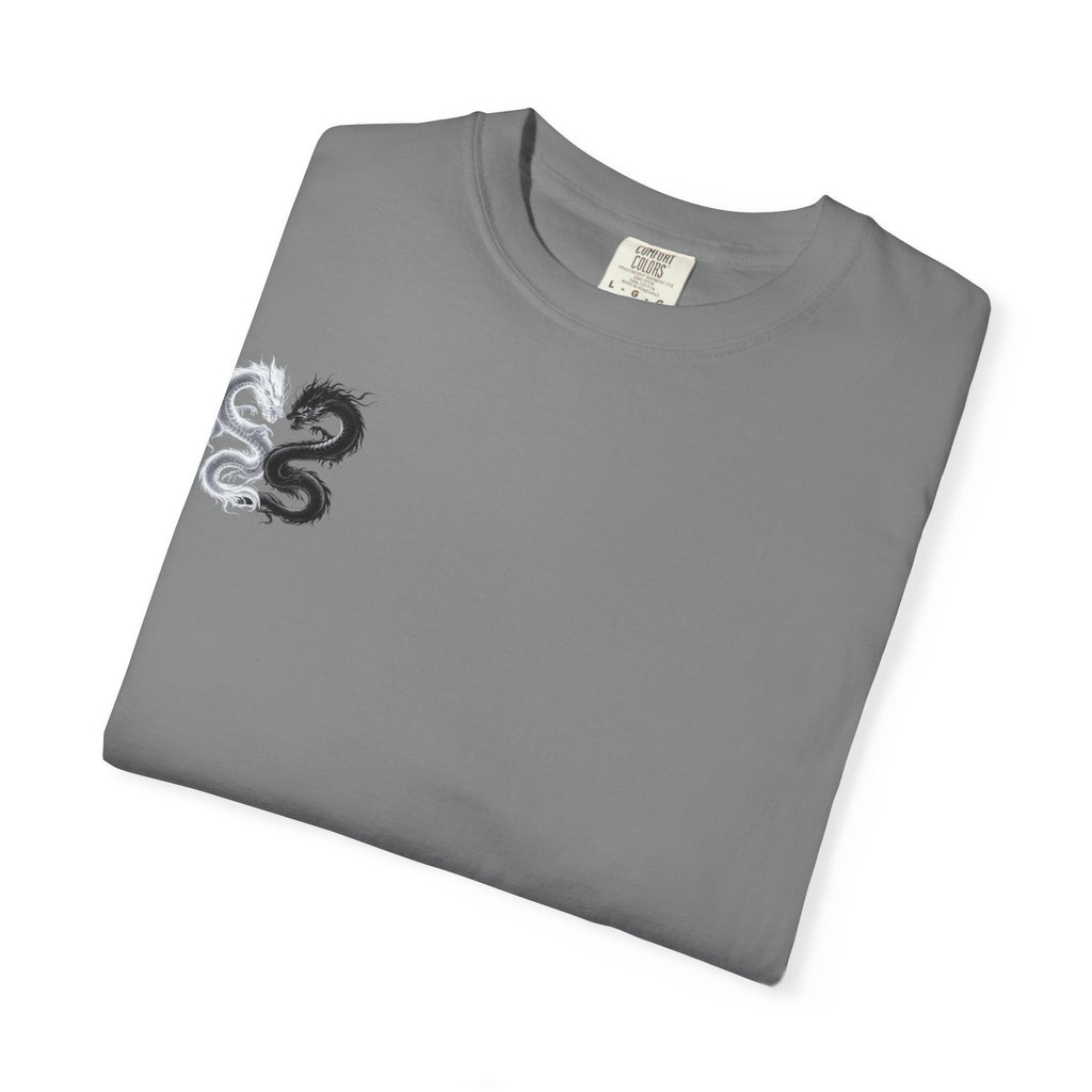 Yin Yang Dragons T-Shirt — White & Black Dragon Back Graphic