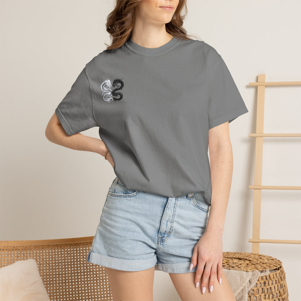 Yin Yang Dragons T-Shirt — White & Black Dragon Back Graphic