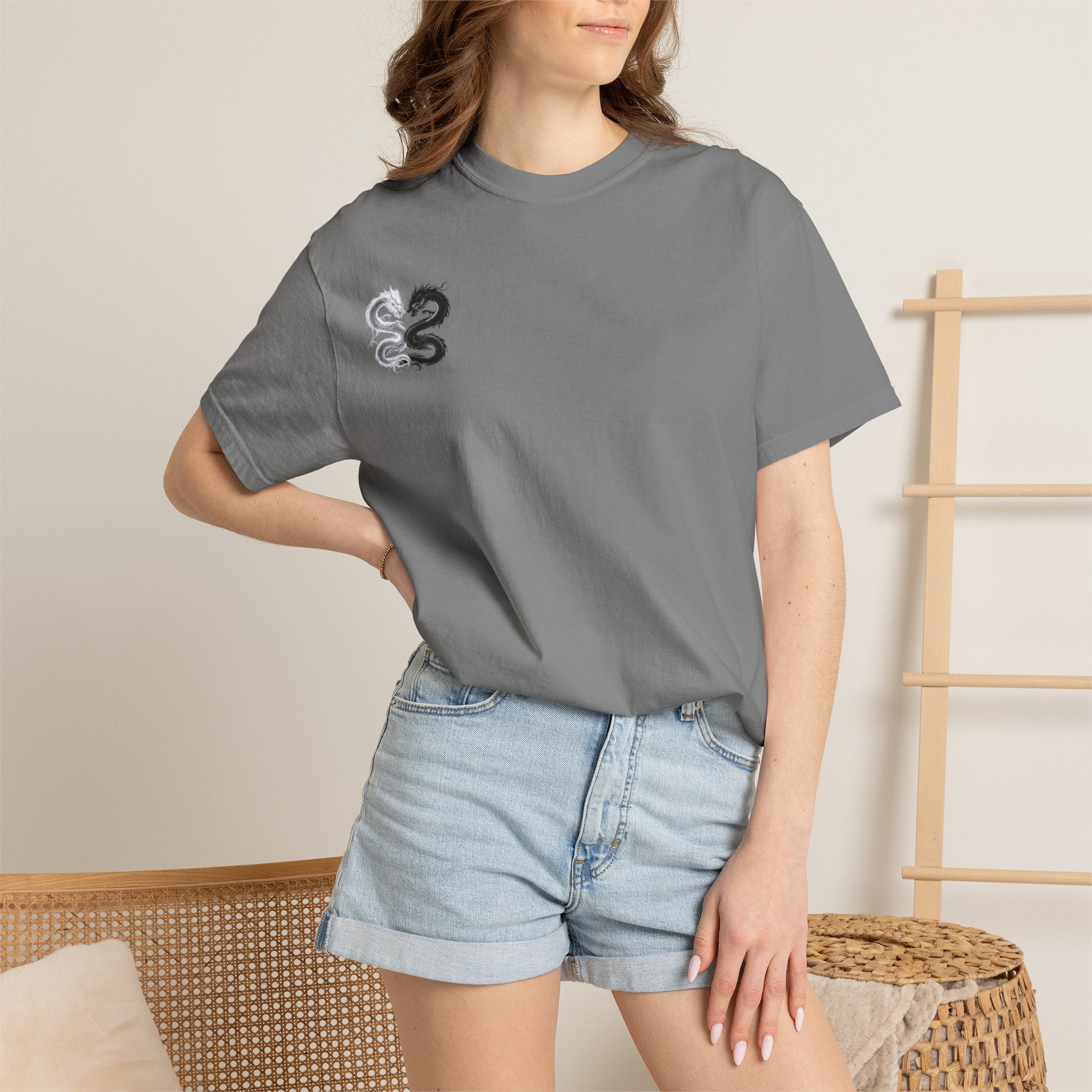 Yin Yang Dragons T-Shirt — White & Black Dragon Back Graphic