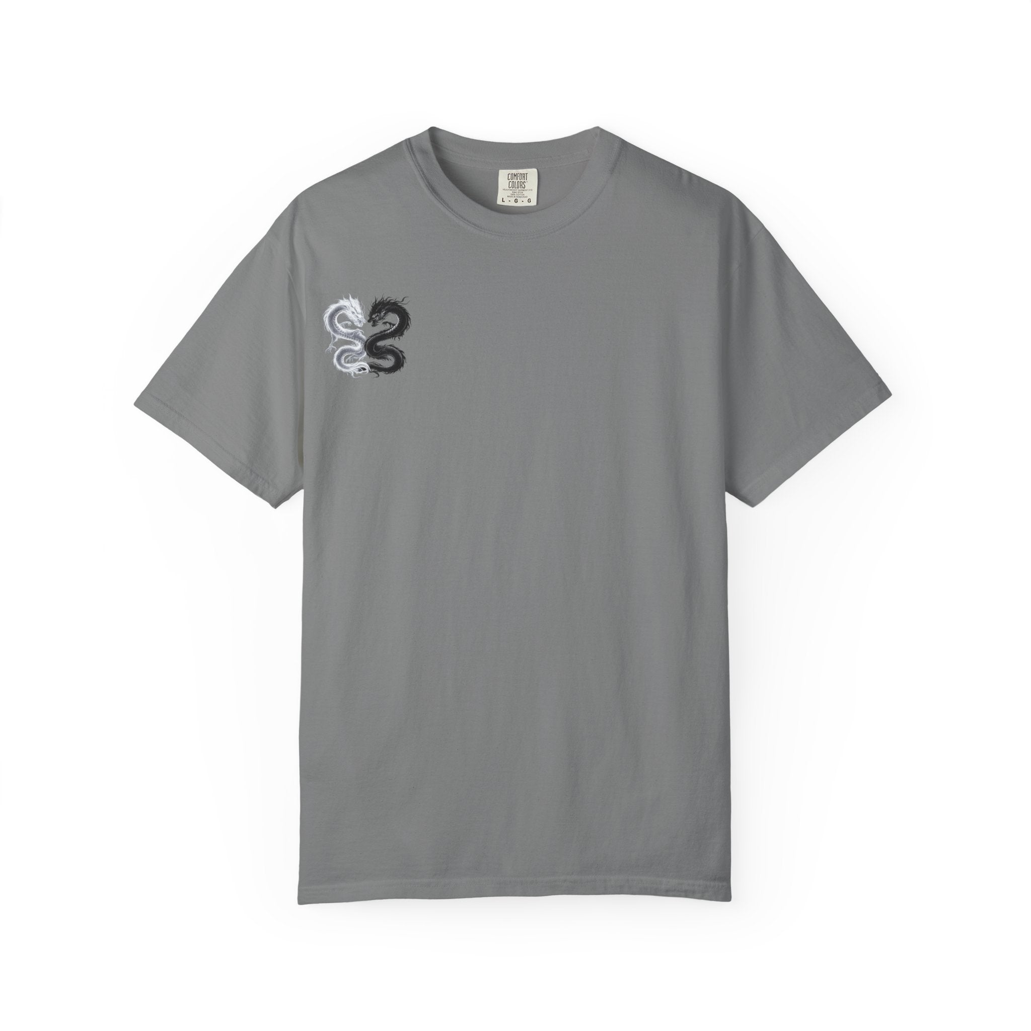 Yin Yang Dragons T-Shirt — White & Black Dragon Back Graphic